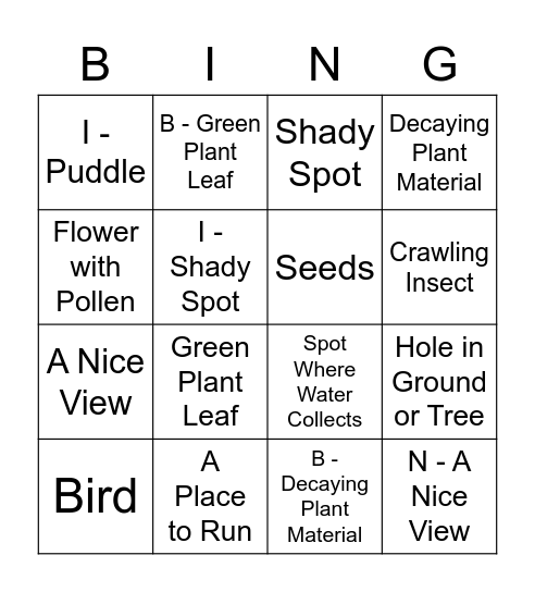 Backyard Ecosystem Services Bingo Card