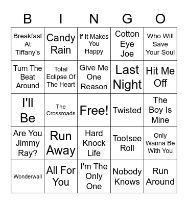90s Hits Bingo Card