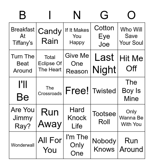 90s Hits Bingo Card