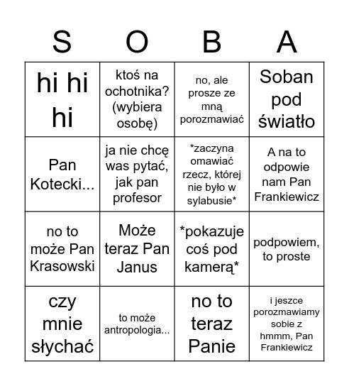 Anatka Bingo Card