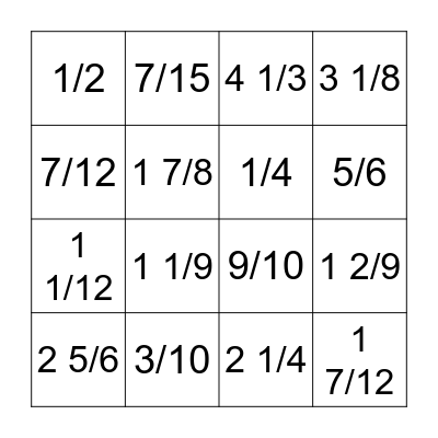 Adding & Subtracting Fractions Bingo Card