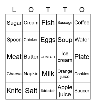 Foods and Place Setting Bingo Card