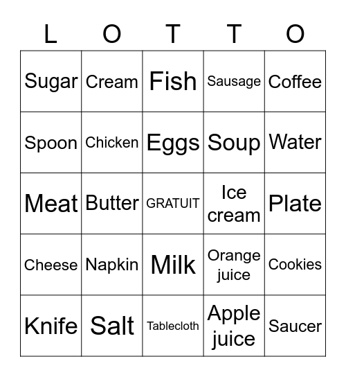 Foods and Place Setting Bingo Card
