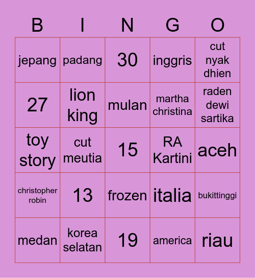 Bingo Pola Kinder Bingo Card