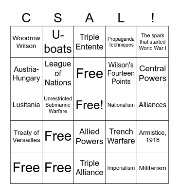 WORLD WAR I Bingo Card