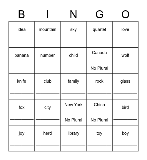 Noun Quiz Bingo Card