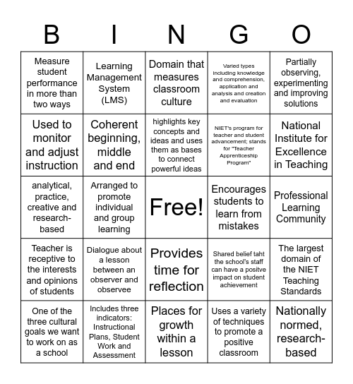 Descriptor Clues Bingo Card