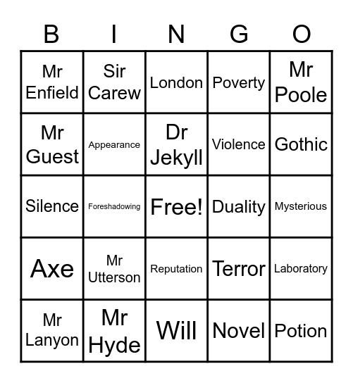 Jekyll and Hyde Bingo Card