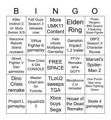 The Game Awards 2020 Bingo Card
