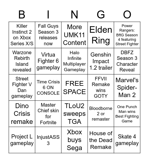 The Game Awards 2020 Bingo Card