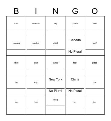 Noun Quiz Bingo Card