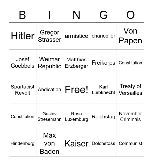 Weimar Germany Bingo Card