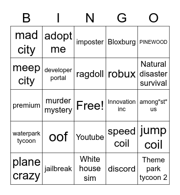 Roblx Bingo Card
