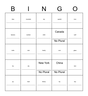Noun Quiz Bingo Card
