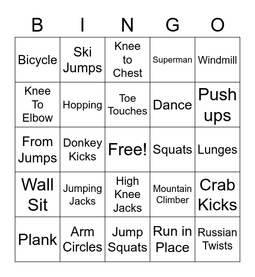 Fitness Bingo Card