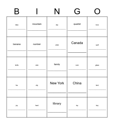 Noun Quiz Bingo Card