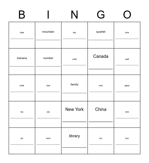 Noun Quiz Bingo Card