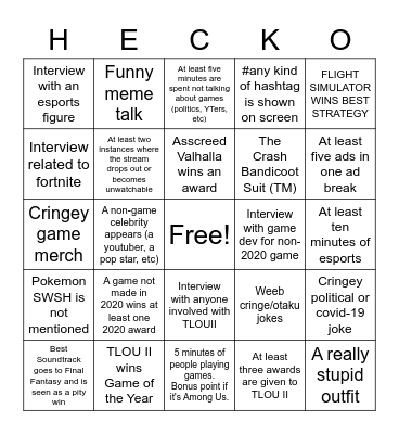 The Game Awards Bingo Card