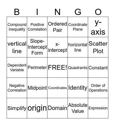 Algebra Vocabulary Bingo Card