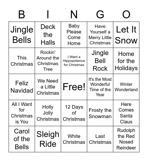 Holiday Song Bingo Card