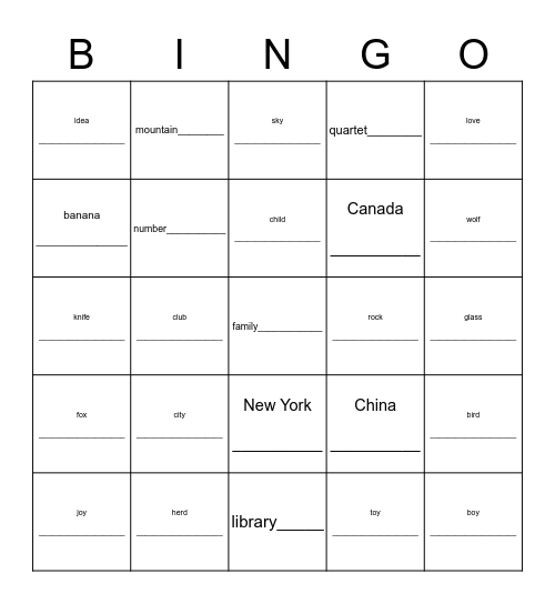 Noun Quiz Bingo Card