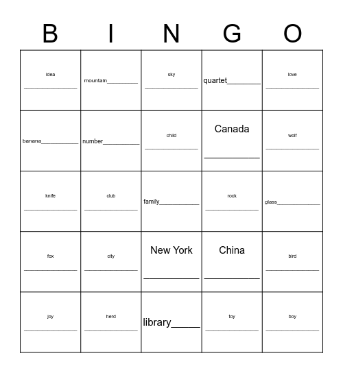 Noun Quiz Bingo Card