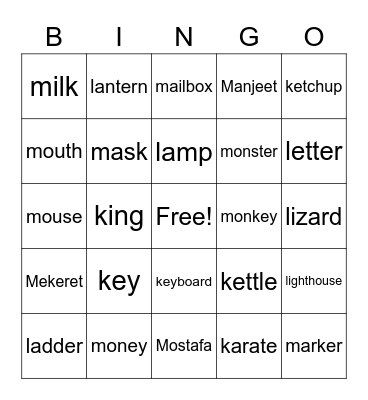 Beginning Sounds 'k' 'l' 'm' Bingo Card