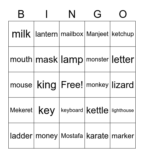 Beginning Sounds 'k' 'l' 'm' Bingo Card