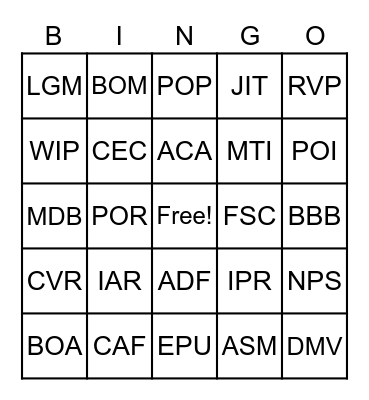 3 Letter Endeavor Bingo Card