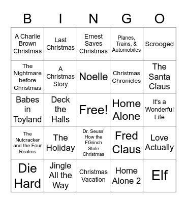 Holiday Movie Bingo Card