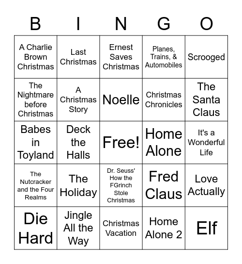 Holiday Movie Bingo Card