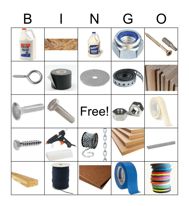 Materials, Fasteners and Adhesives Bingo Card
