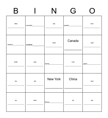 Noun Quiz Bingo Card