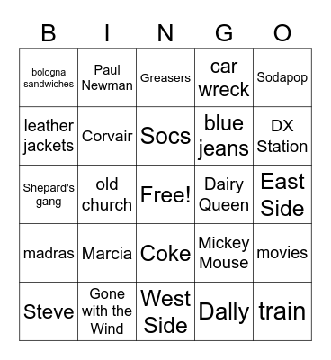 The Outsiders Bingo Card