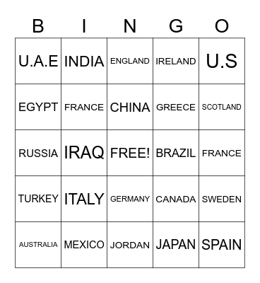 COUNTRIES AND NATIONALITIES Bingo Card