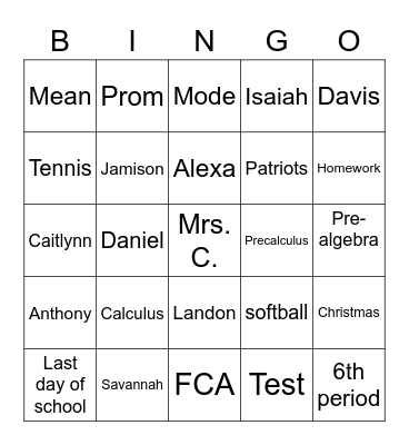 Pre-algebra 6th period Bingo Card