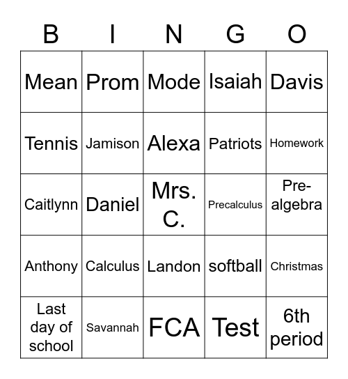 Pre-algebra 6th period Bingo Card