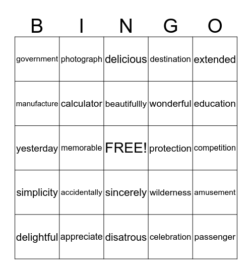 MULTI-SYLLABIC WORDS Bingo Card