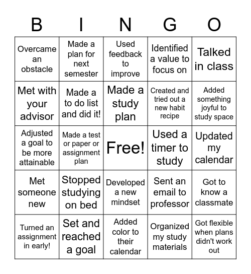 Planning Class Review Bingo Card