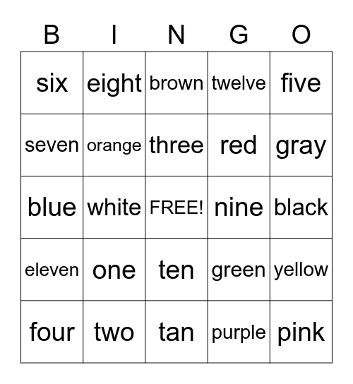 Number and Colors Bingo Card