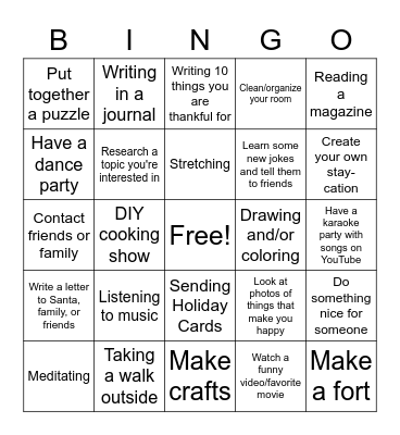 Fun/Safe Winter Activities Bingo Card