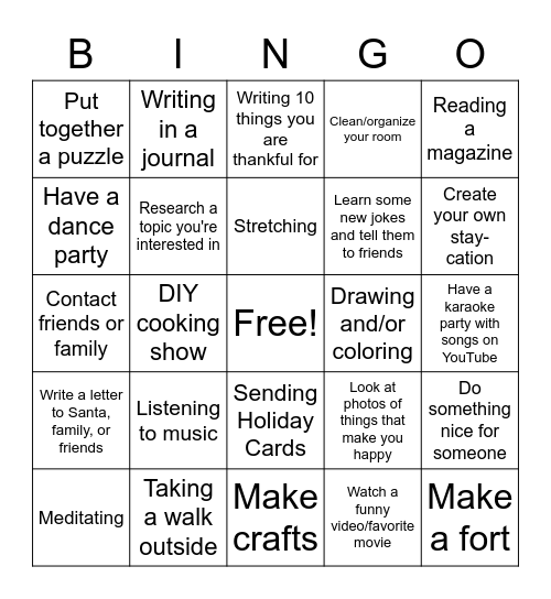 Fun/Safe Winter Activities Bingo Card