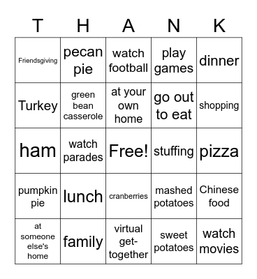 Thanksgiving 2020 Bingo Card