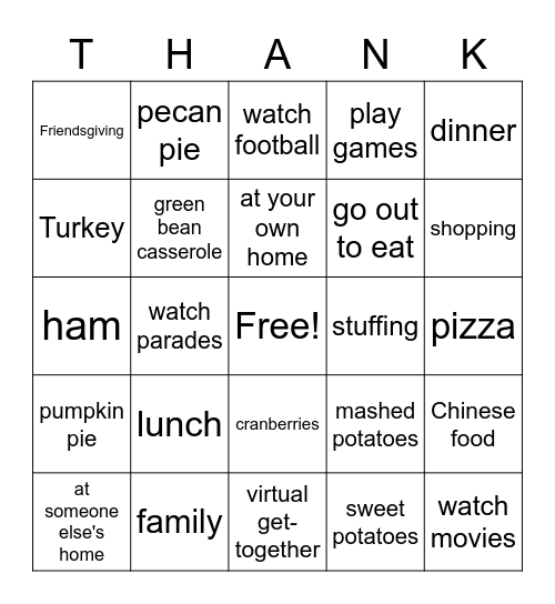 Thanksgiving 2020 Bingo Card