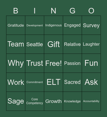 Commitment to Indigenous and Organizational Values Bingo Card