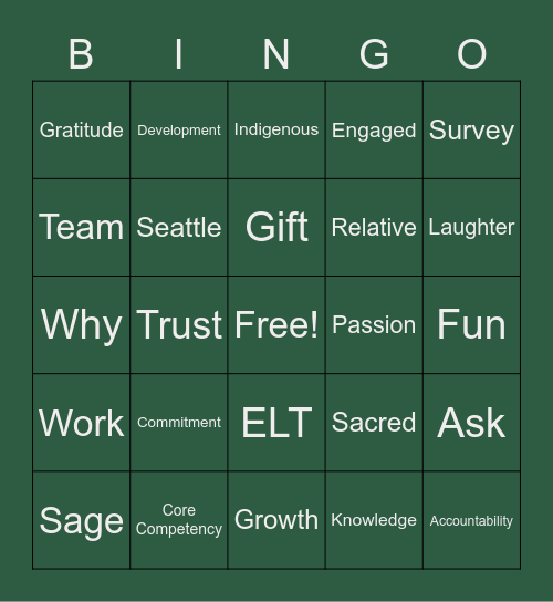 Commitment to Indigenous and Organizational Values Bingo Card