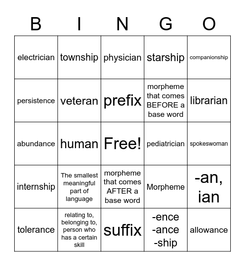 Morpheme Bingo Card