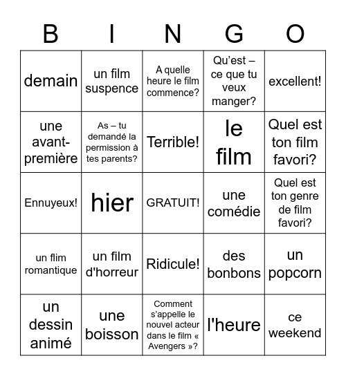 Au cinéma Bingo Card