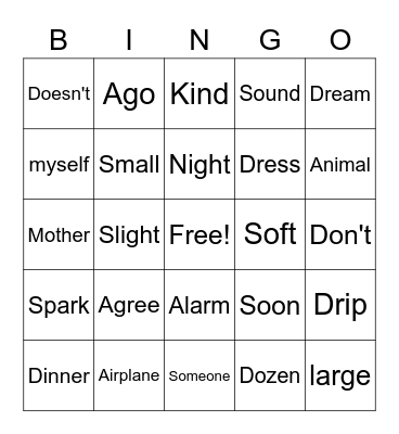 Sight Word Bingo Card
