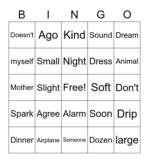 Sight Word Bingo Card